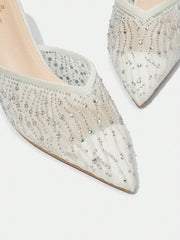 Women's Pointed Toe Low Heel Sparkling Rhinestone Mesh High Heel Pumps Vacation Shoes Summer Sale