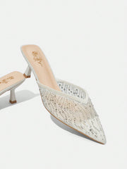 Women's Pointed Toe Low Heel Sparkling Rhinestone Mesh High Heel Pumps Vacation Shoes Summer Sale