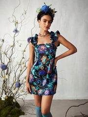 Vacation Style Plants Print Ruffle Trim Dress For Summer