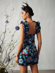 Vacation Style Plants Print Ruffle Trim Dress For Summer
