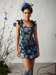 Vacation Style Plants Print Ruffle Trim Dress For Summer