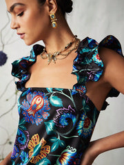 Vacation Style Plants Print Ruffle Trim Dress For Summer