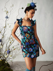 Vacation Style Plants Print Ruffle Trim Dress For Summer