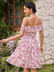 Vintage Elegant Women Sleeveless Sundress With Lace, Floral Print And Ruffle Hem Mother Day Dress Sundress Teacher Dress Pink Lace Dress Pink Dress Floral Dress