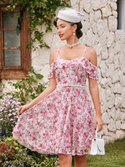 Vintage Elegant Women Sleeveless Sundress With Lace, Floral Print And Ruffle Hem Mother Day Dress Sundress Teacher Dress Pink Lace Dress Pink Dress Floral Dress