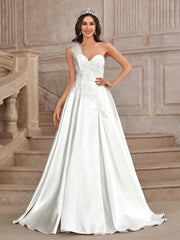 White Luxury Lace Embroidered 3D Flower Neck Design With Bright Satin Lace Flower Wedding Dresses
