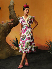 Floral And Butterfly Printed Ruffle Hem Dress For Summer Vacation