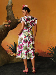 Floral And Butterfly Printed Ruffle Hem Dress For Summer Vacation