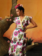 Floral And Butterfly Printed Ruffle Hem Dress For Summer Vacation