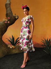 Floral And Butterfly Printed Ruffle Hem Dress For Summer Vacation