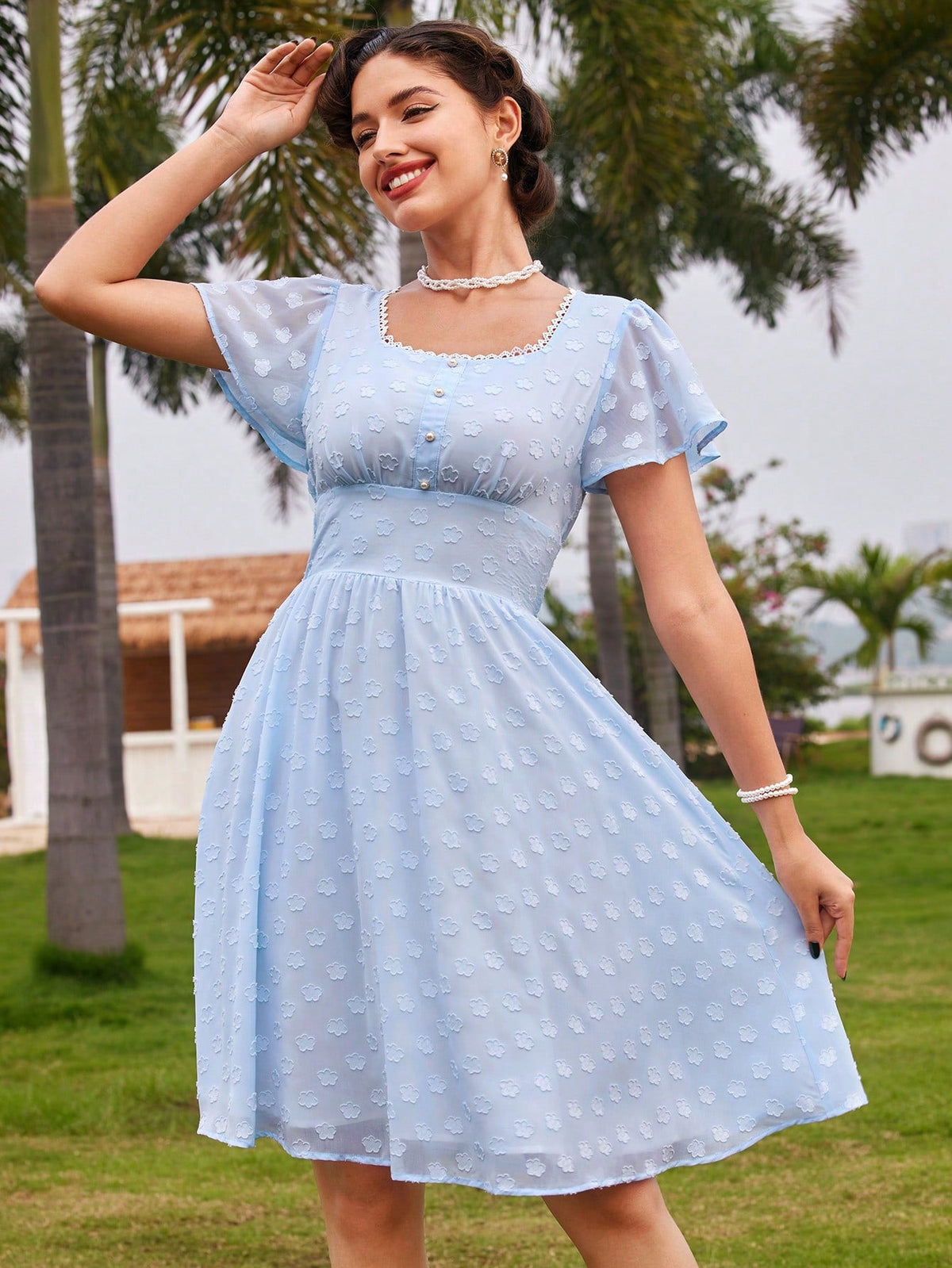 Vintage Elegant Women Holiday Dress With Ruffled Sleeves, Lace Details, And Blue Umbrella Dress Hem For Spring/Summer Vacation Dress Summer Dress Blue Dress Country Concert Outfit Beach Women Dresses Festival Outfits Graduation Outfit Teacher Dress Hawai