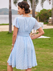 Vintage Elegant Women Holiday Dress With Ruffled Sleeves, Lace Details, And Blue Umbrella Dress Hem For Spring/Summer Vacation Dress Summer Dress Blue Dress Country Concert Outfit Beach Women Dresses Festival Outfits Graduation Outfit Teacher Dress Hawai