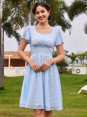 Vintage Elegant Women Holiday Dress With Ruffled Sleeves, Lace Details, And Blue Umbrella Dress Hem For Spring/Summer Vacation Dress Summer Dress Blue Dress Country Concert Outfit Beach Women Dresses Festival Outfits Graduation Outfit Teacher Dress Hawai