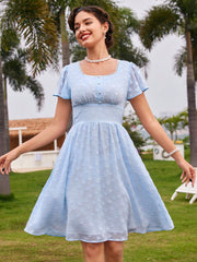 Vintage Elegant Women Holiday Dress With Ruffled Sleeves, Lace Details, And Blue Umbrella Dress Hem For Spring/Summer Vacation Dress Summer Dress Blue Dress Country Concert Outfit Beach Women Dresses Festival Outfits Graduation Outfit Teacher Dress Hawai