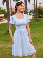 Vintage Elegant Women Holiday Dress With Ruffled Sleeves, Lace Details, And Blue Umbrella Dress Hem For Spring/Summer Vacation Dress Summer Dress Blue Dress Country Concert Outfit Beach Women Dresses Festival Outfits Graduation Outfit Teacher Dress Hawai