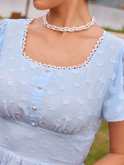 Vintage Elegant Women Holiday Dress With Ruffled Sleeves, Lace Details, And Blue Umbrella Dress Hem For Spring/Summer Vacation Dress Summer Dress Blue Dress Country Concert Outfit Beach Women Dresses Festival Outfits Graduation Outfit Teacher Dress Hawai