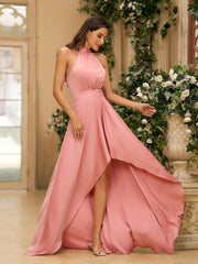 Romantic Pink Satin Strap Bridesmaid Dress
