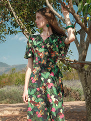TROPICAL PRINT SURPLICE NECK FLUTTER SLEEVE WRAP BELTED DRESS