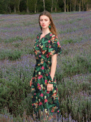 TROPICAL PRINT SURPLICE NECK FLUTTER SLEEVE WRAP BELTED DRESS