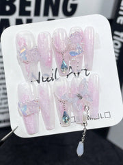 10pcs Sweet Iridescent Butterfly Shaped Nail Art Decor With Rhinestone Detail, Full Coverage And Detachable