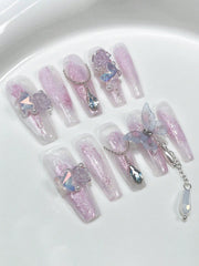 10pcs Sweet Iridescent Butterfly Shaped Nail Art Decor With Rhinestone Detail, Full Coverage And Detachable