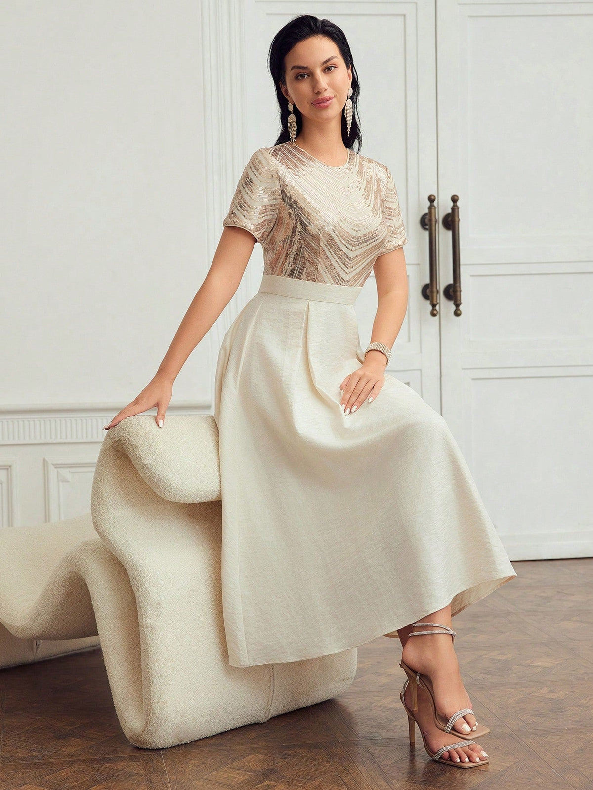 CONTRAST SEQUIN FLARE HEM DRESS