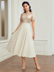 CONTRAST SEQUIN FLARE HEM DRESS