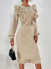 Apricot Double Layer Ruffle Hem Sweater Dress With Twists