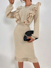 Apricot Double Layer Ruffle Hem Sweater Dress With Twists