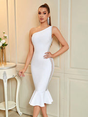 Women's One Shoulder Sleeveless Side Mesh Bandage Dress