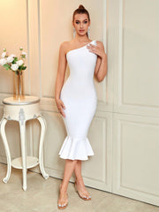 Women's One Shoulder Sleeveless Side Mesh Bandage Dress