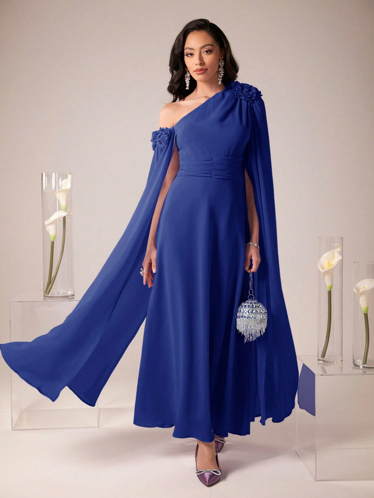 Women's Spring/Summer Solid Color Asymmetric Collar Long Cape Sleeve Elegant Dress