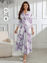 Women's Overlapping V-Neck Tie-Dyed Printed Pleated Dress With Seven-Quarter Sleeves