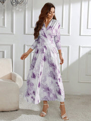 Women's Overlapping V-Neck Tie-Dyed Printed Pleated Dress With Seven-Quarter Sleeves