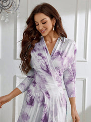 Women's Overlapping V-Neck Tie-Dyed Printed Pleated Dress With Seven-Quarter Sleeves