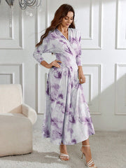 Women's Overlapping V-Neck Tie-Dyed Printed Pleated Dress With Seven-Quarter Sleeves