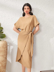 Women's Round Neck Solid Color Batwing Sleeve Tie-Up Party Dress