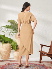 Women's Round Neck Solid Color Batwing Sleeve Tie-Up Party Dress