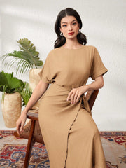 Women's Round Neck Solid Color Batwing Sleeve Tie-Up Party Dress