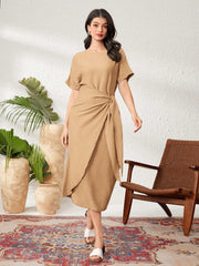 Women's Round Neck Solid Color Batwing Sleeve Tie-Up Party Dress