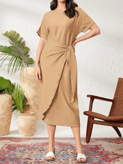 Women's Round Neck Solid Color Batwing Sleeve Tie-Up Party Dress