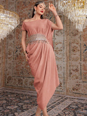 Women's Asymmetrical Collar Sequined Tassel Pleated Long Elegant Dress