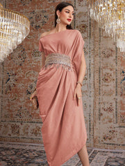 Women's Asymmetrical Collar Sequined Tassel Pleated Long Elegant Dress