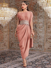 Women's Asymmetrical Collar Sequined Tassel Pleated Long Elegant Dress