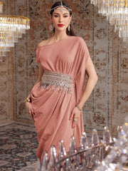 Women's Asymmetrical Collar Sequined Tassel Pleated Long Elegant Dress