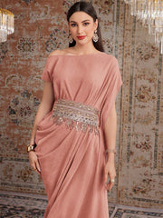Women's Asymmetrical Collar Sequined Tassel Pleated Long Elegant Dress
