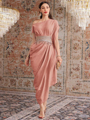 Women's Asymmetrical Collar Sequined Tassel Pleated Long Elegant Dress
