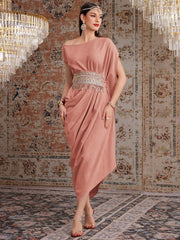 Women's Asymmetrical Collar Sequined Tassel Pleated Long Elegant Dress