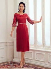 FOLDOVER V-NECK EMBROIDERY LANTERN SLEEVE DRESS