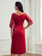 FOLDOVER V-NECK EMBROIDERY LANTERN SLEEVE DRESS